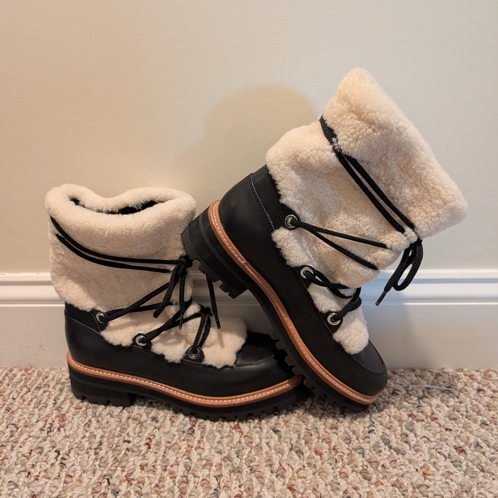 Marc Fisher Black Lug-Sole Ankle Boots with Tan Trim